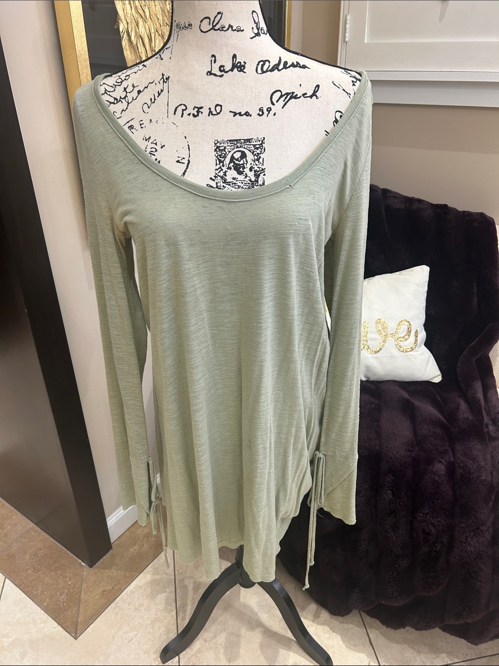 Free People Sage Green Long-Sleeve Mini Tunic Dress